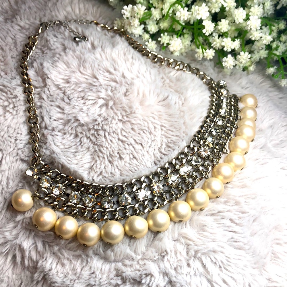 Silver tone necklace faux pearls and gems